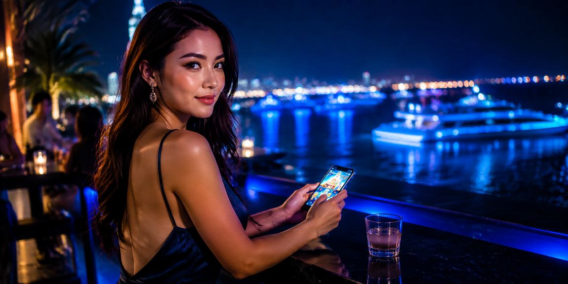 Người chơi casino di động thư giãn trên bãi biển Đà Nẵng buổi chiều tà