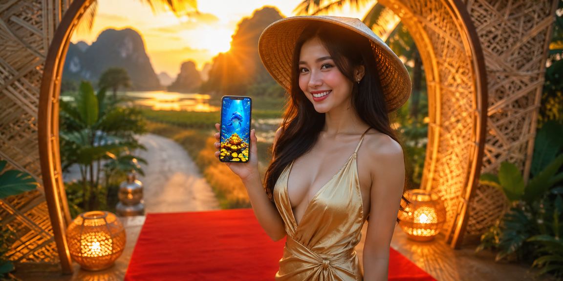 Người dùng đội nón lá trải nghiệm casino di động giữa khung cảnh Ninh Bình